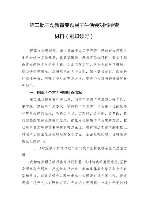 第二批主题教育专题民主生活会对照检查材料（副职领导新六个方面）.docx