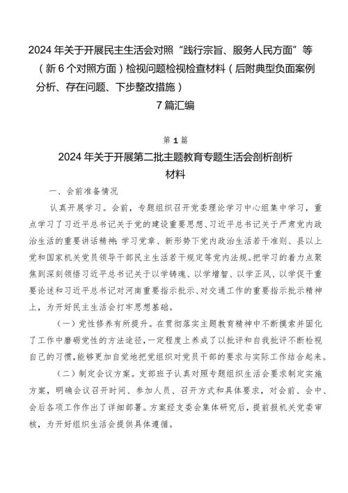 2024年关于开展民主生活会对照“践行宗旨、服务人民方面”等（新6个对照方面）检视问题检视检查材料（后附典型负面案例分析、存在问题、下步整.docx