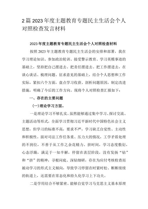 2篇2023主题教育专题民主生活会个人对照检查发言材料.docx