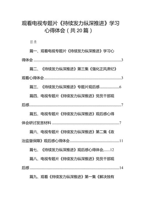 观看电视专题片《持续发力纵深推进》学习心得体会最新版20篇合辑(1).docx