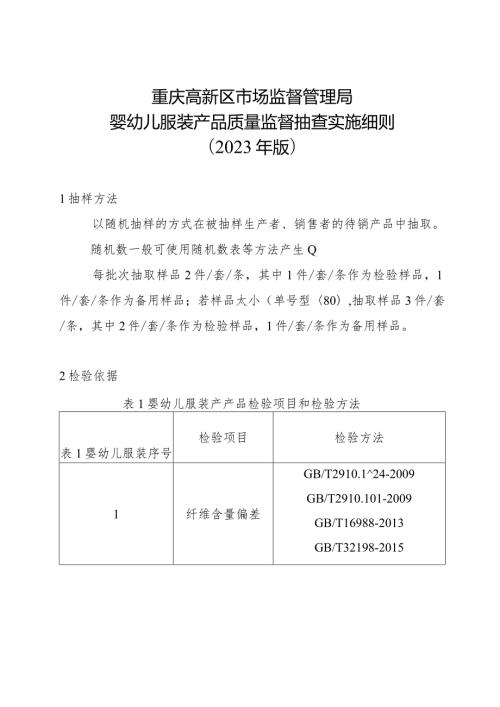 重庆高新区市场监督管理局婴幼儿服装产品质量监督抽查实施细则2023年版.docx