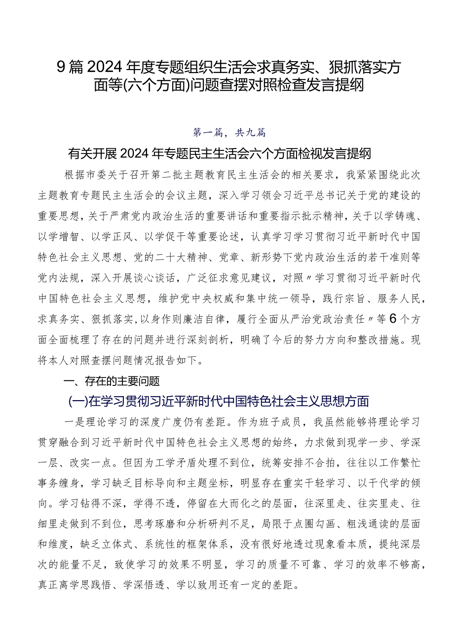9篇2024专题组织生活会求真务实、狠抓落实方面等(六个方面)问题查摆对照检查发言提纲.docx_第1页