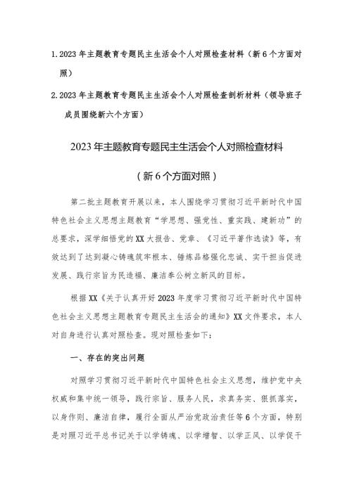 两篇2023年主题教育专题民主生活会个人对照检查剖析材料（践行宗旨、服务人民、求真务实、狠抓落实等新六个方面）.docx