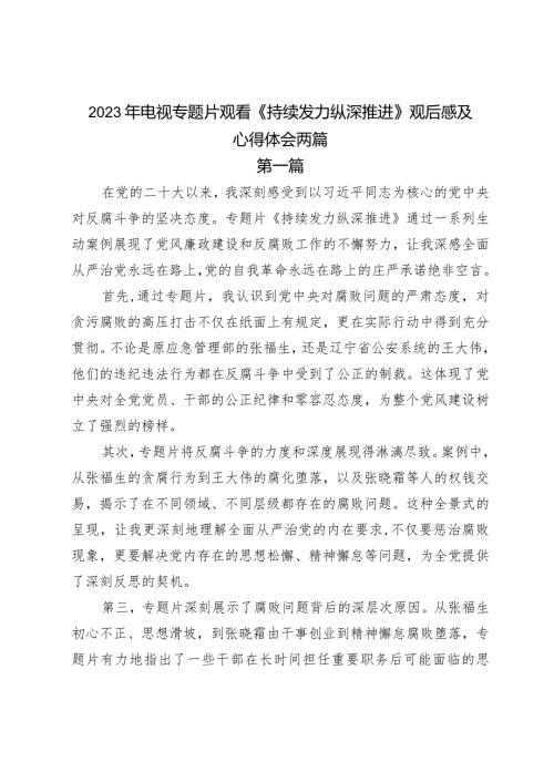 2023年电视专题片观看《持续发力纵深推进》观后感及心得体会两篇.docx