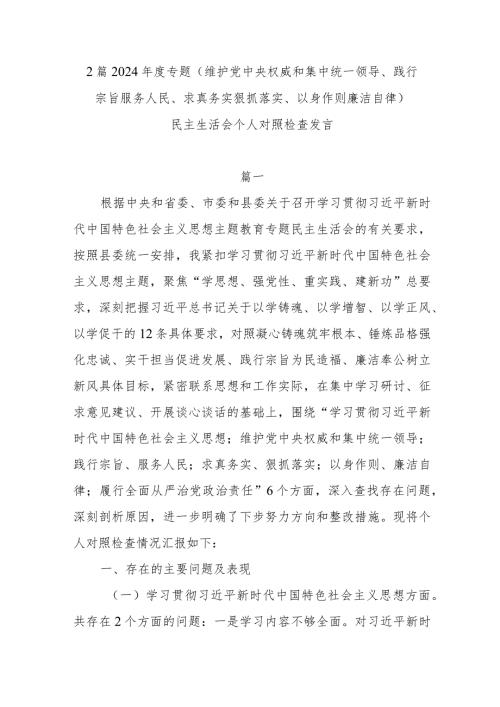 2篇2024专题(维护党中央权威和集中统一领导、践行宗旨服务人民、求真务实狠抓落实、以身作则廉洁自律)(1).docx