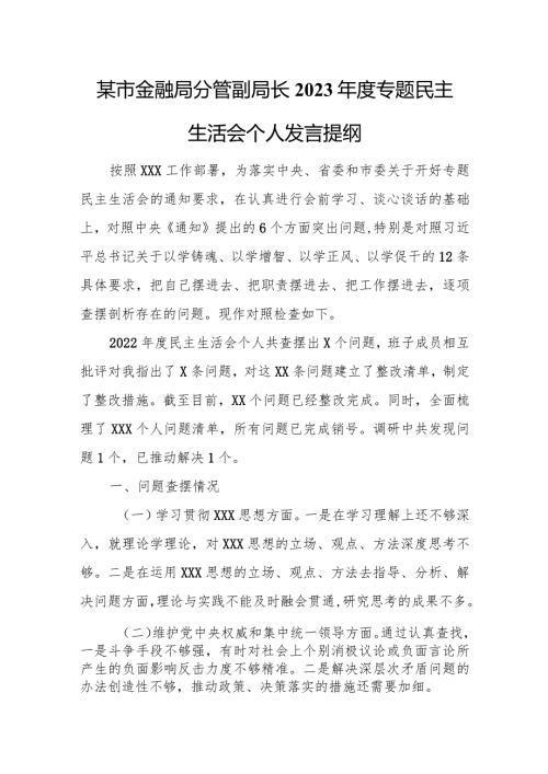 某市金融局分管副局长2023专题民主生活会个人发言提纲.docx
