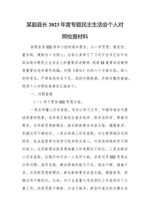 某副县长2023专题民主生活会个人对照检查材料.docx