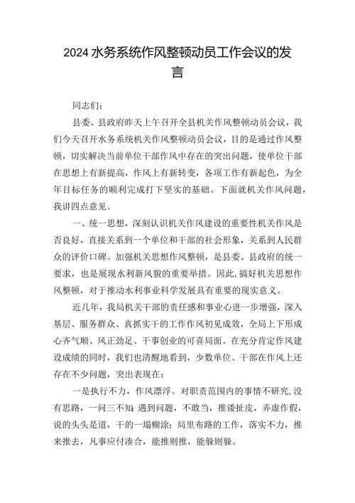 2024水务系统作风整顿动员工作会议的发言.docx