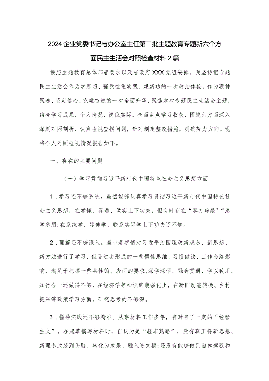 2024企业党委书记与办公室主任第二批主题教育专题新六个方面民主生活会对照检查材料2篇.docx_第1页