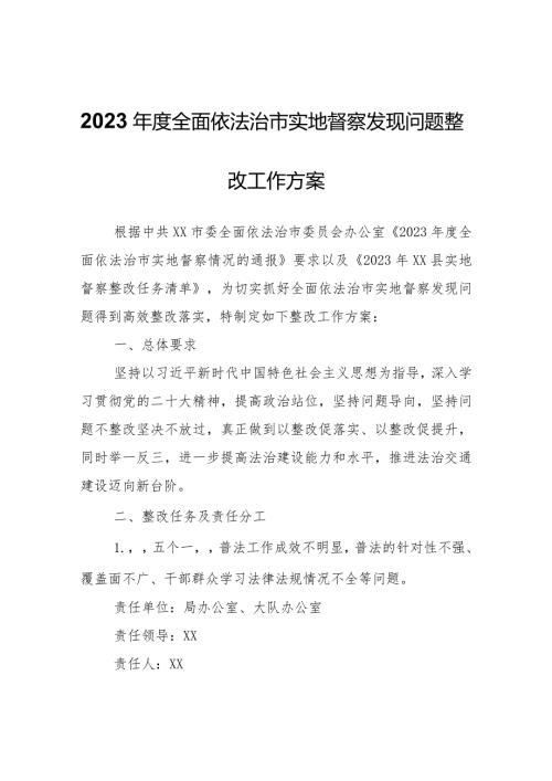 关于切实做好2023全面依法治市实地督察发现问题整改工作方案.docx
