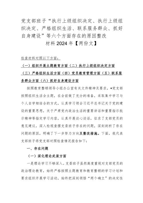 党支部班子“执行上级组织决定、执行上级组织决定、严格组织生活、联系服务群众、抓好自身建设”等六个方面存在的原因整改材料2024年【两份文】.docx