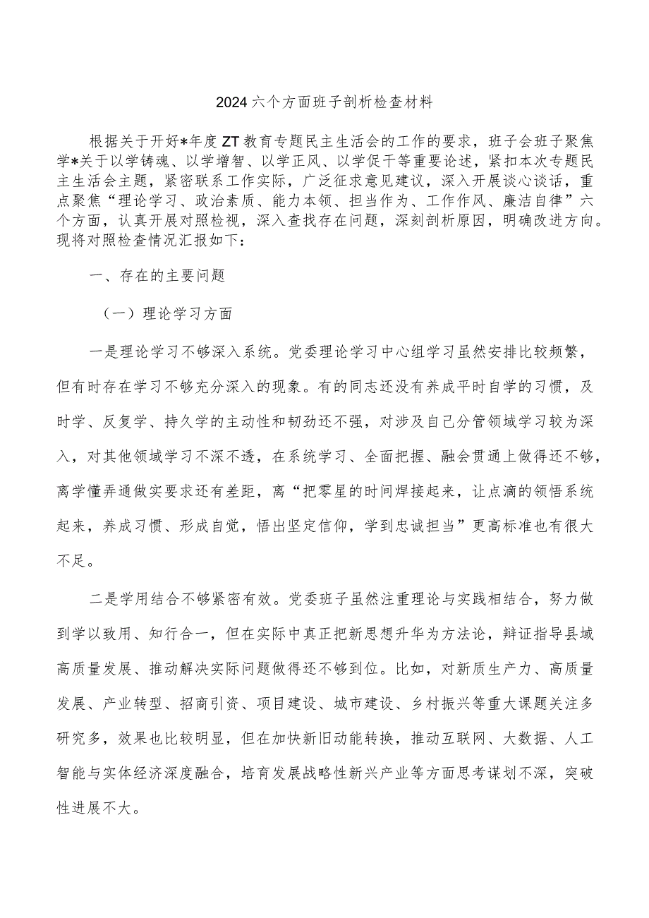 2024六个方面班子剖析检查材料.docx_第1页