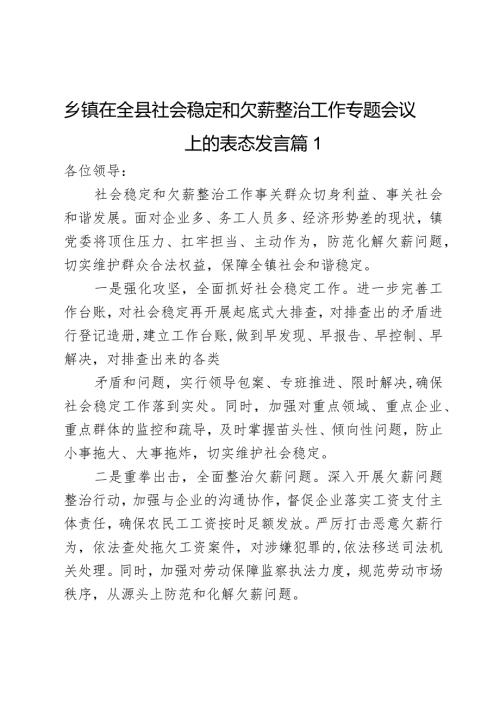 乡镇在全县社会稳定和欠薪整治工作专题会议上的表态发言2篇.docx
