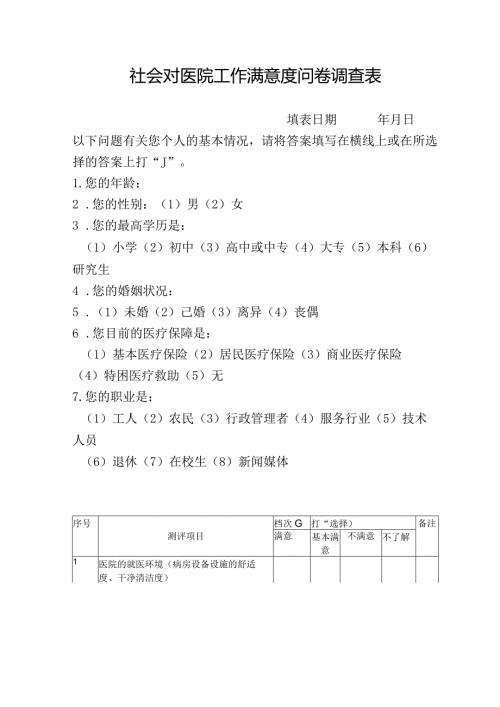 社会对医院工作满意度问卷调查表.docx