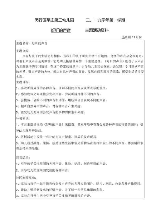 闵行区莘庄第三幼儿园二〇一九第一学期好听的声音主题活动资料.docx
