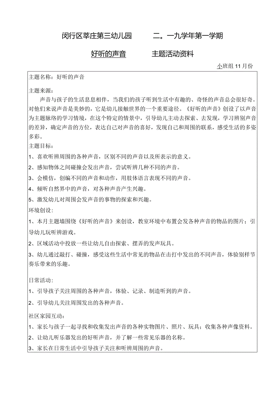闵行区莘庄第三幼儿园二〇一九第一学期好听的声音主题活动资料.docx_第1页