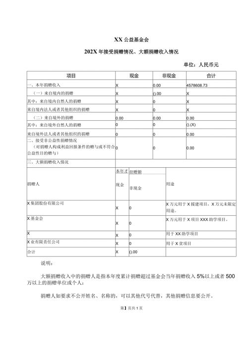 XX公益基金会202X年接受捐赠情况、大额捐赠收入情况（）.docx