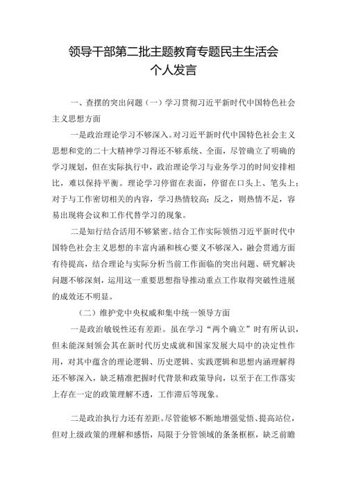 领导干部第二批主题教育专题民主生活会个人发言.docx