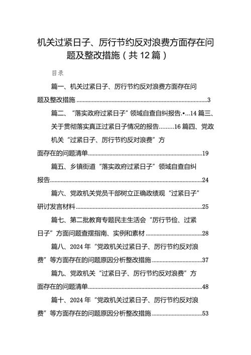 机关过紧日子、厉行节约反对浪费方面存在问题及整改措施（共12篇）.docx