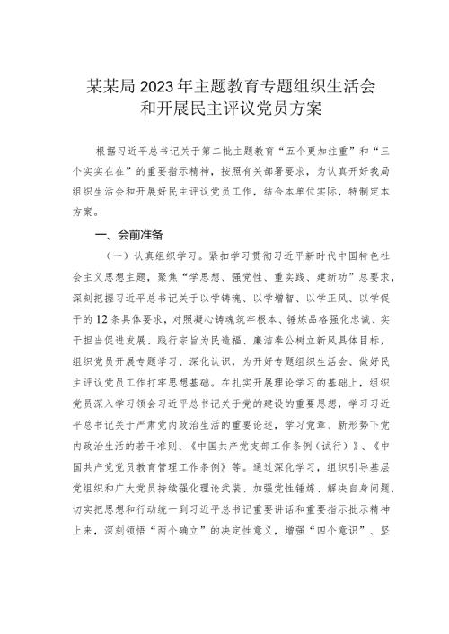 某某局2023年主题教育专题组织生活会和开展民主评议党员方案(1).docx