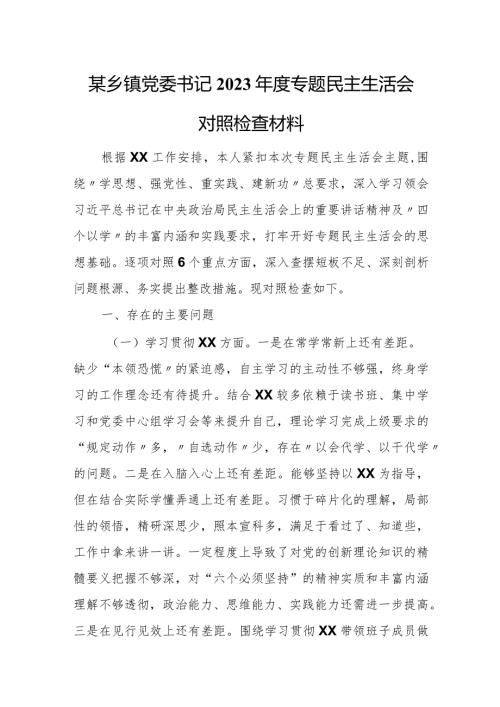 某乡镇党委书记2023专题民主生活会对照检查材料.docx