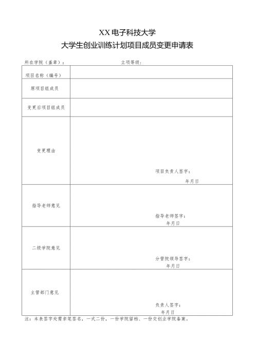 XX电子科技大学大学生创业训练计划项目成员变更申请表（2024年）.docx