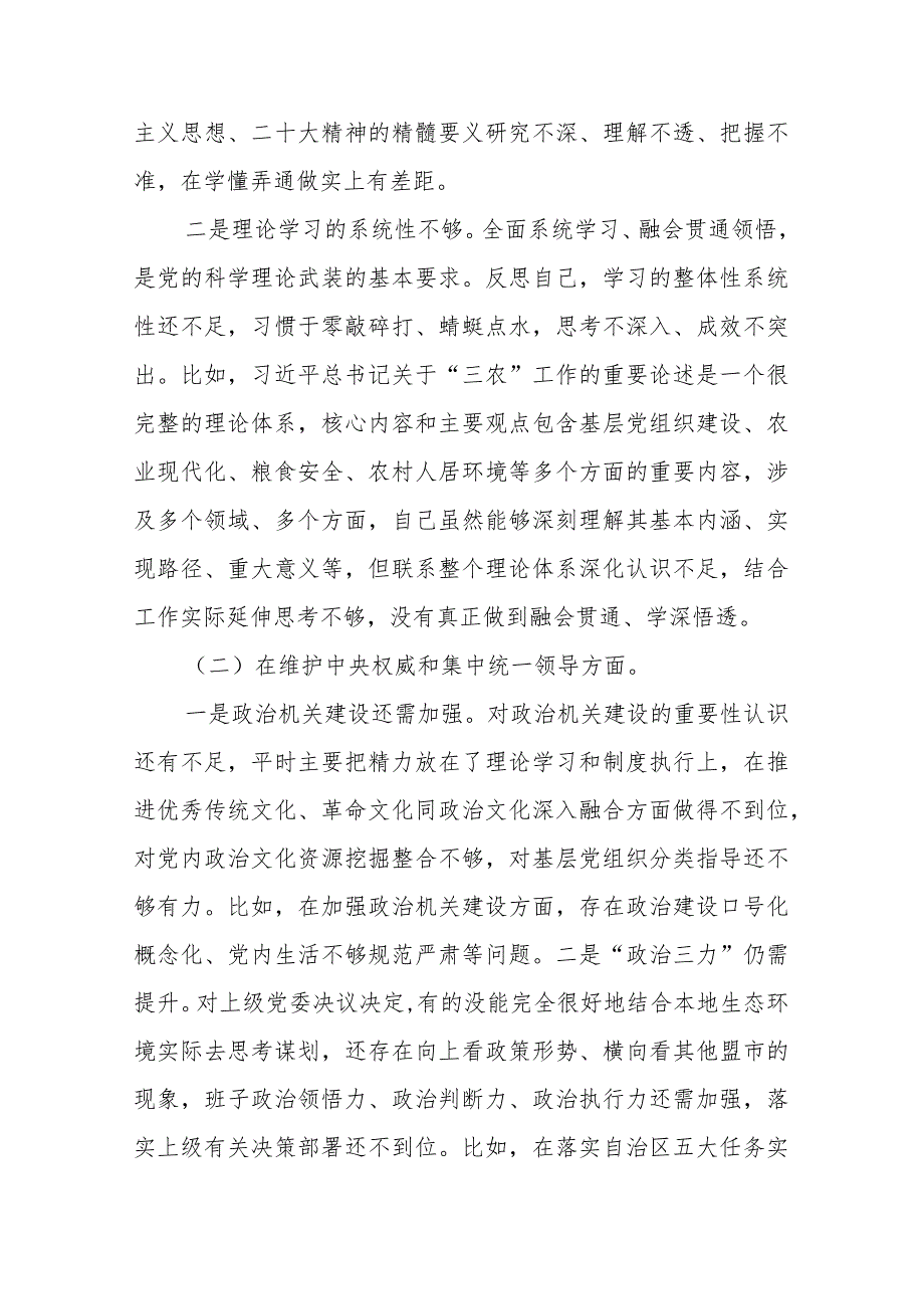副镇长2024(维护党中央权威和集中统一领导、践行宗旨服务人民、求真务实狠抓落实、以身作则廉洁自律)专题民主生活会对照检查发言材料.docx_第2页