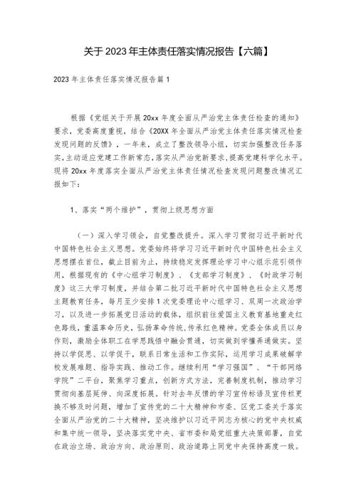 关于2023年主体责任落实情况报告【六篇】.docx