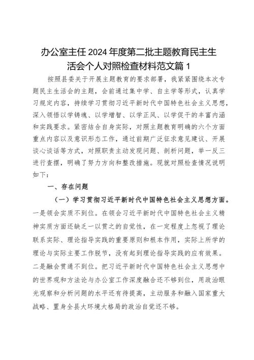 办公室主任2024第二批主题教育民主生活会个人对照检查材料范文2篇.docx