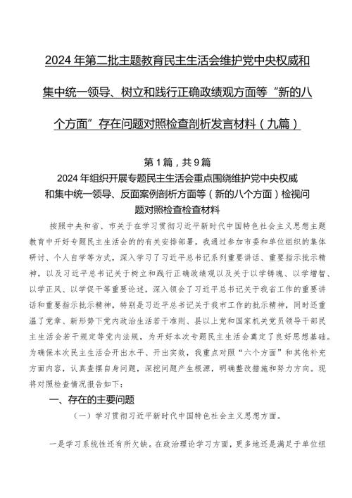 2024年第二批学习教育民主生活会维护党中央权威和集中统一领导、树立和践行正确政绩观方面等“新的八个方面”存在问题对照检查剖析发言材料（九篇）.docx