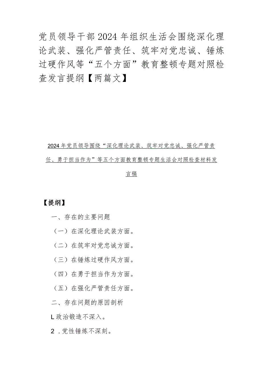 党员领导干部2024年组织生活会围绕深化理论武装、强化严管责任、筑牢对党忠诚、锤炼过硬作风等“五个方面”教育整顿专题对照检查发言提纲【两篇文】.docx_第1页
