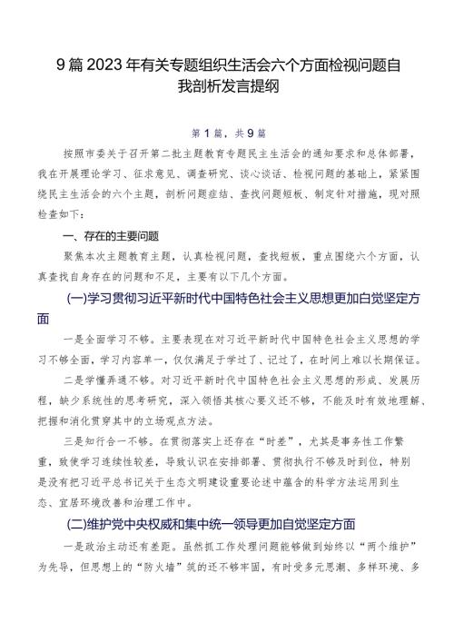 9篇2023年有关专题组织生活会六个方面检视问题自我剖析发言提纲.docx
