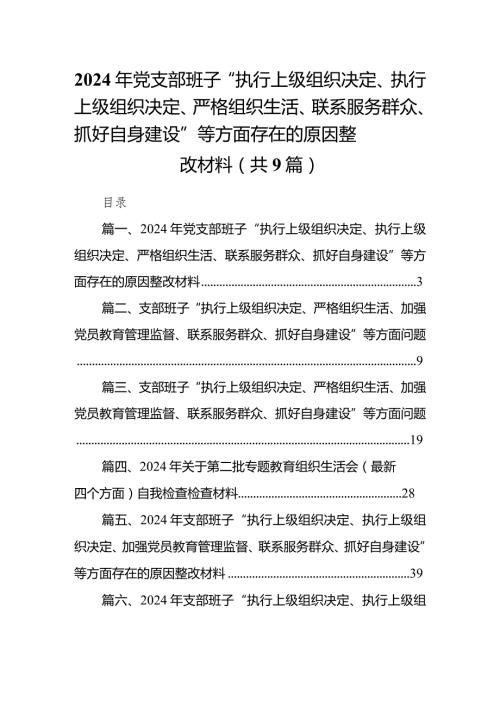 2024年党支部班子“执行上级组织决定、执行上级组织决定、严格组织生活、联系服务群众、抓好自身建设”等方面存在的原因整改材料9篇供参考(1).docx