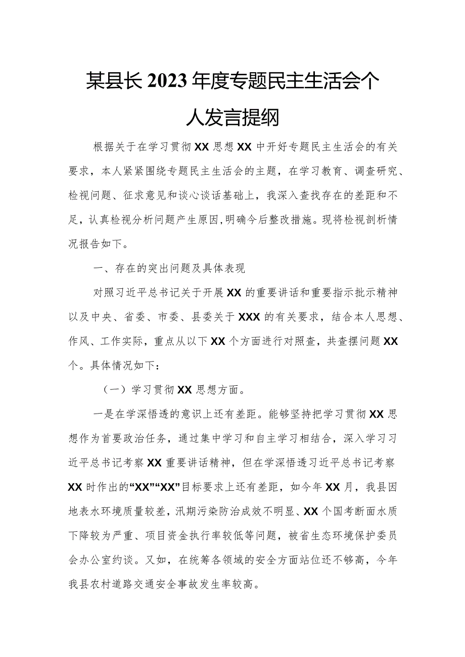 某县长2023专题民主生活会个人发言提纲.docx_第1页
