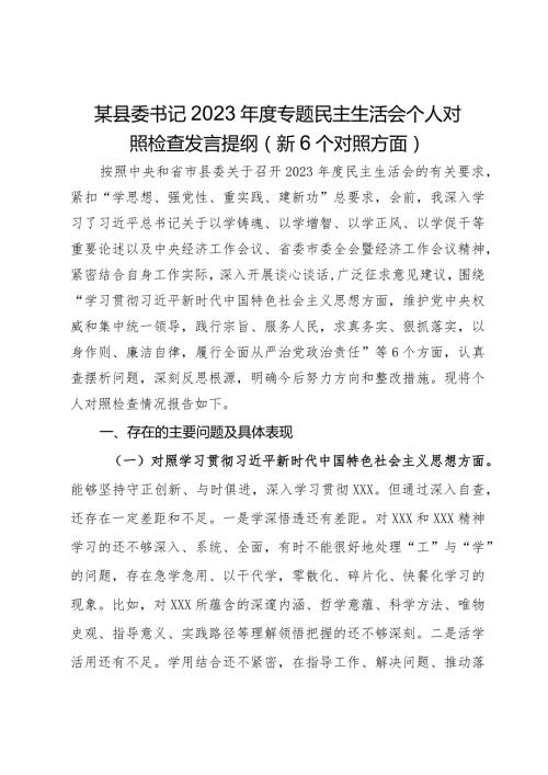 某县委书记2023专题民主生活会个人对照检查发言提纲（新6个对照方面）.docx