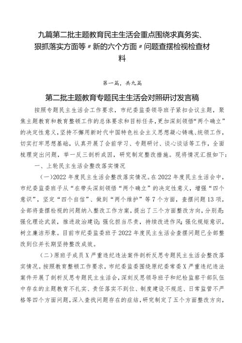 九篇第二批专题教育民主生活会重点围绕求真务实、狠抓落实方面等“新的六个方面”问题查摆检视检查材料.docx
