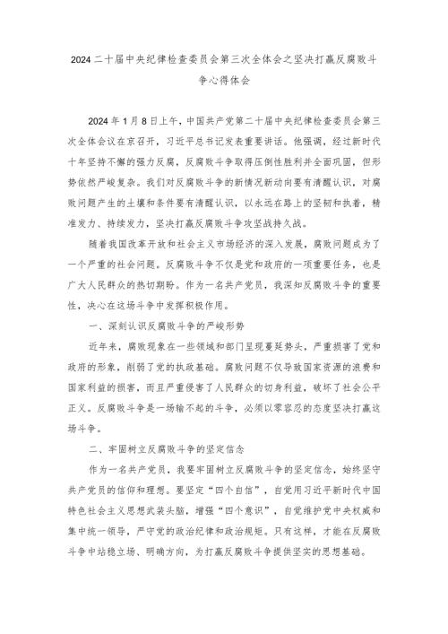 2024二十中央纪律检查委员会第三次全体会之坚决打赢反腐败斗争心得体会（3篇）.docx