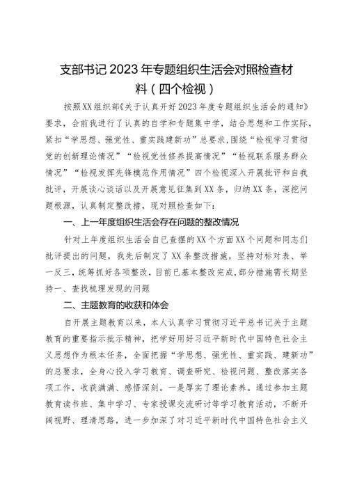 支部书记2023年专题组织生活会对照检查材料（四个检视）(1).docx