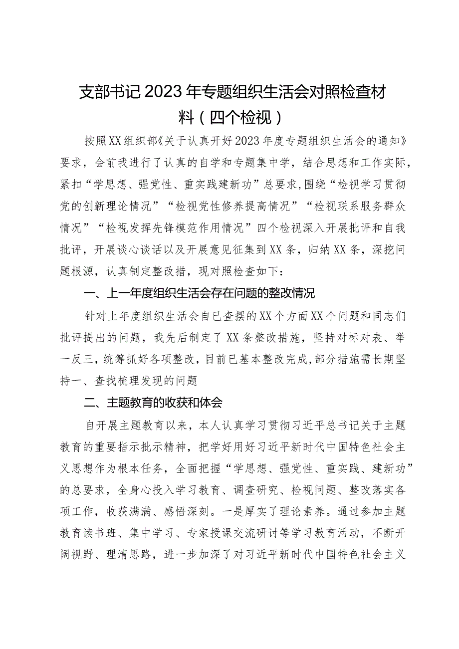 支部书记2023年专题组织生活会对照检查材料（四个检视）(1).docx_第1页