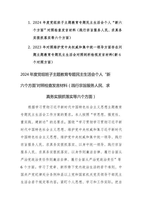 两篇：2024党组班子主题教育专题民主生活会个人“新六个方面”对照检查发言材料(践行宗旨服务人民、求真务实狠抓落实等六个方面).docx