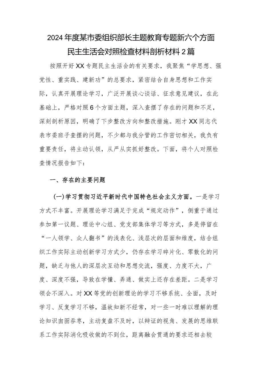 2024某市委组织部长主题教育专题新六个方面民主生活会对照检查材料剖析材料2篇.docx_第1页