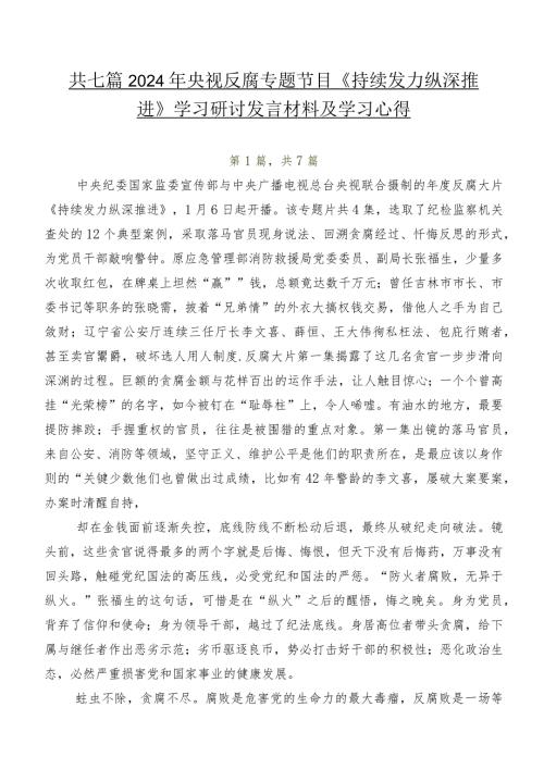 共七篇2024年央视反腐专题节目《持续发力纵深推进》学习研讨发言材料及学习心得.docx