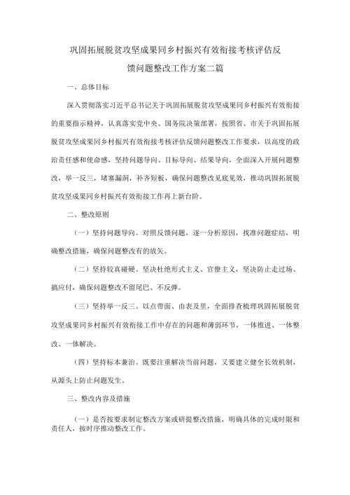 巩固拓展脱贫攻坚成果同乡村振兴有效衔接考核评估反馈问题整改工作方案二篇.docx