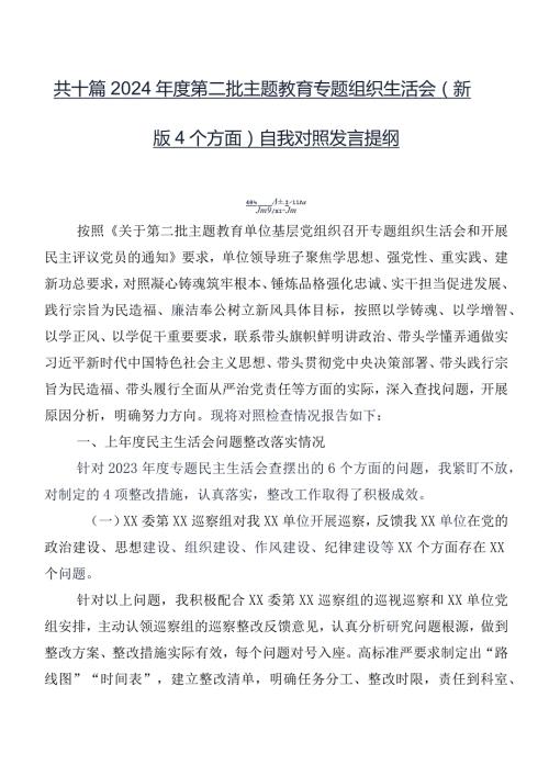 共十篇2024第二批专题教育专题组织生活会(新版4个方面)自我对照发言提纲.docx