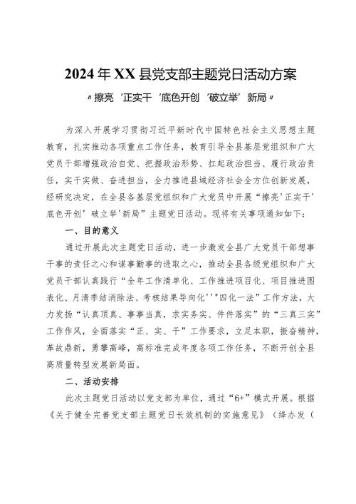 2024年XX县党支部主题党日活动方案“擦亮‘正实干’底色开创‘破立举’新局”.docx