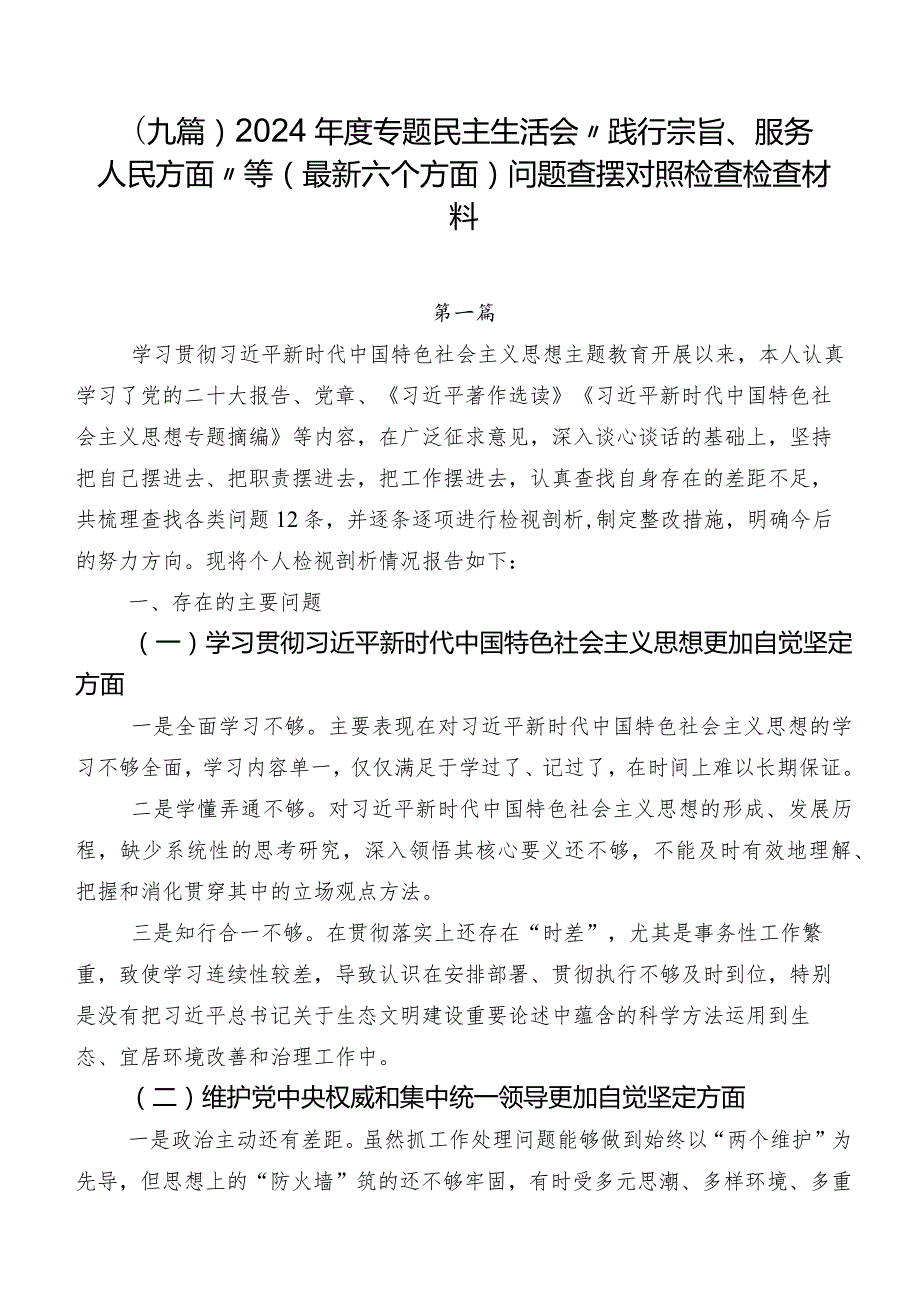 （九篇）2024专题民主生活会“践行宗旨、服务人民方面”等(最新六个方面)问题查摆对照检查检查材料.docx_第1页