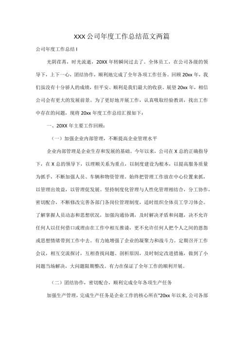 XXX公司工作总结范文两篇.docx