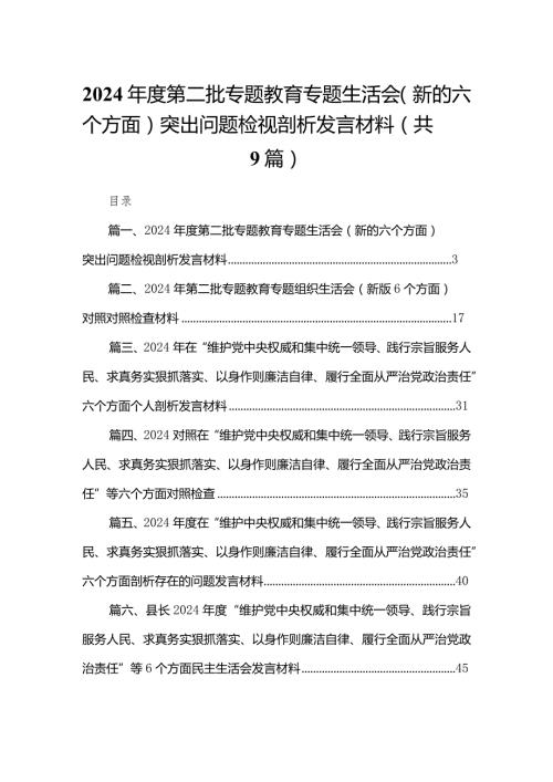 （9篇）2024第二批专题教育专题生活会（新的六个方面）突出问题检视剖析发言材料范文(1).docx