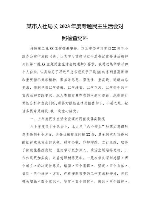 某市人社局长2023专题民主生活会对照检查材料.docx