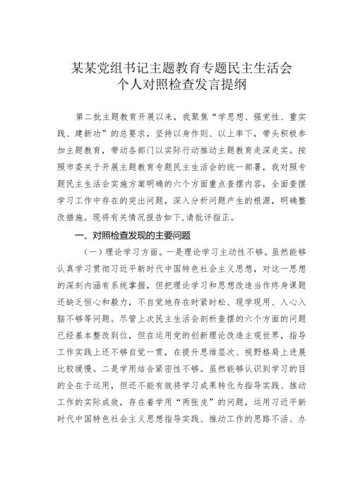 某某党组书记主题教育专题民主生活会个人对照检查发言提纲(1).docx